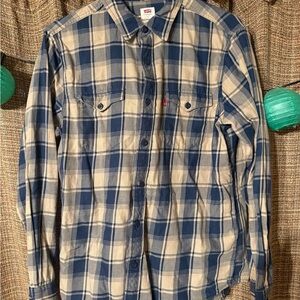 Levi's Men's Casual Blue and Tan Plaid Shirt